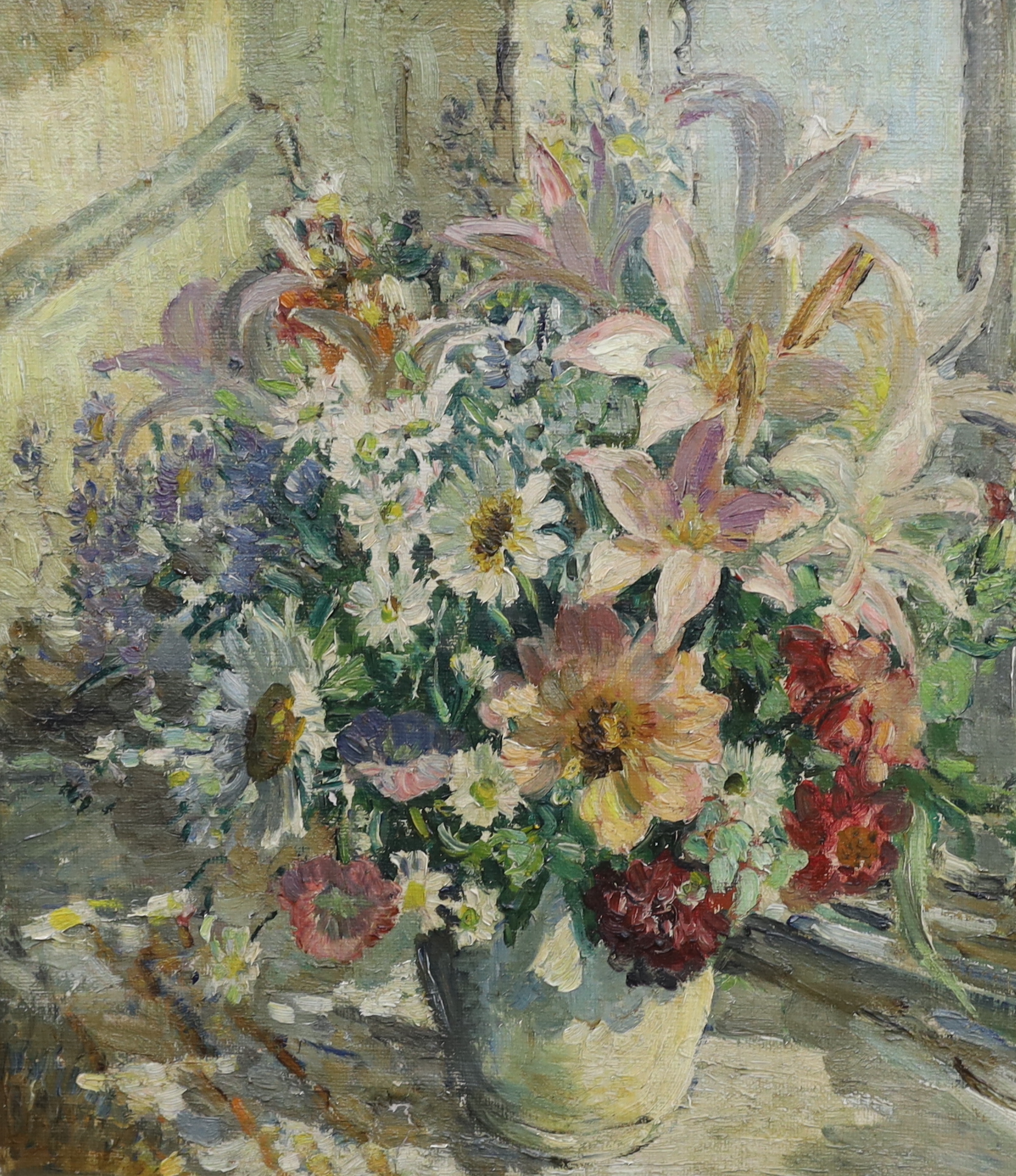 Attributed to Dorothea Sharp ROI RBA (1873-1955), Still life of summer flowers in a white vase, oil on canvas, 56 x 50cm